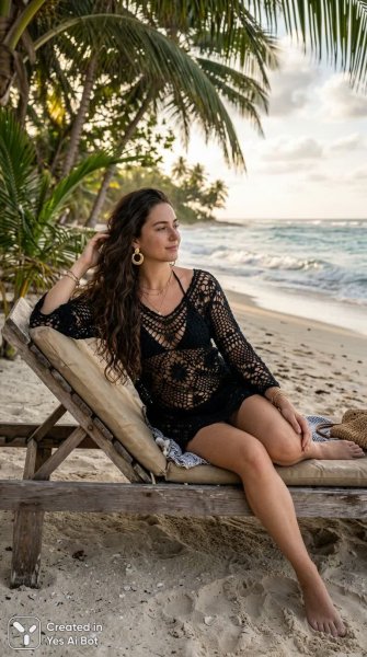 Молодая женщина на пляже в солнечном свете и стильном образе. Изображение из нейронной сети NanoBanana