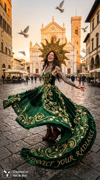 Впечатляющая красота: женщина в изумрудном платье и шляпе-солнце. Нейронная сеть Nano-Banana
