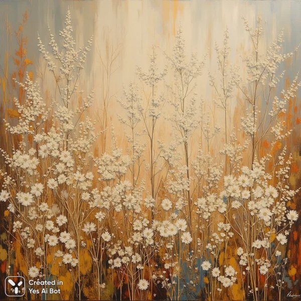 Белые цветы и сухая трава на теплом фоне: этюд текстур и форм. Изображение из нейронной сети Flux Ai