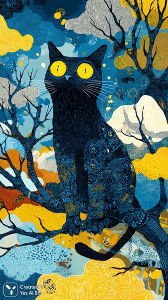 Чёрный кот в облаках: волшебство наивного искусства и ярких красок. Генерация из нейронной сети Midjourney