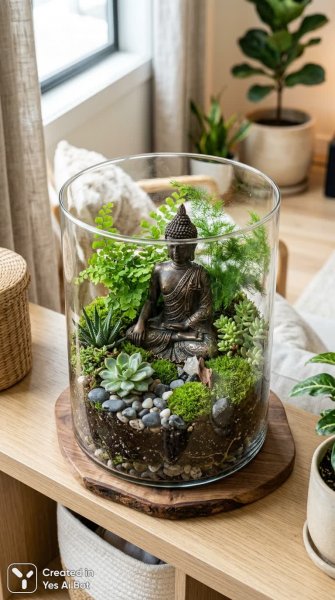 Медитативное спокойствие: Будда, суккуленты и минимализм. Картинка из нейросети NanoBanana