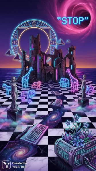 Заброшенный замок на шахматном острове в неоновом свете зоопарка и сюрреалистических статуй. Картинка из нейросети Нано Банана
