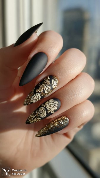 Элегантные длинные ногти: черный матовый дизайн с золотом и блеском. Картинка из нейросети Миджорни