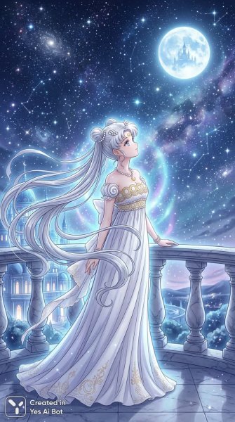 Принцесса Серенити: взгляд на звезды и космос, ожидание судьбы в лунном сиянии. Изображение из нейронной сети Nano Banana