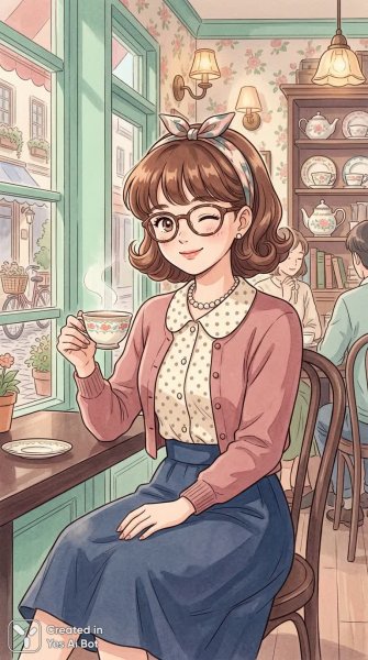 Винтажная мода: очарование ретро-стиля в уютном кафе. Генерация из нейронной сети Нано Банана