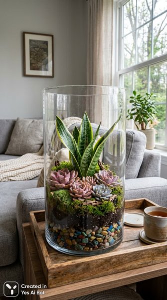 Уютный интерьер: камни, эхеверия и сансевиерия в стеклянном контейнере. Картинка из нейросети Nano Banana