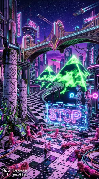 Сюрреалистичный ретрофутуристический мир: куклы, роботы и неон в ярких красках. Картинка из нейронной сети NanoBanana
