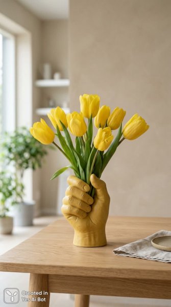 Нежный букет тюльпанов в керамической вазе ручной работы. Изображение из нейросети NanoBanana