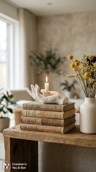 Свеча в ладони: минимализм и уют старинных книг. Генерация из нейросети Nano Banana