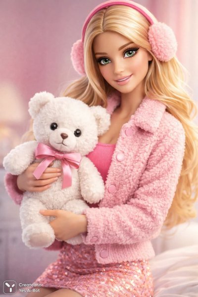 Барби с мишкой: уютный образ и яркий стиль. Изображение из нейросети Sora