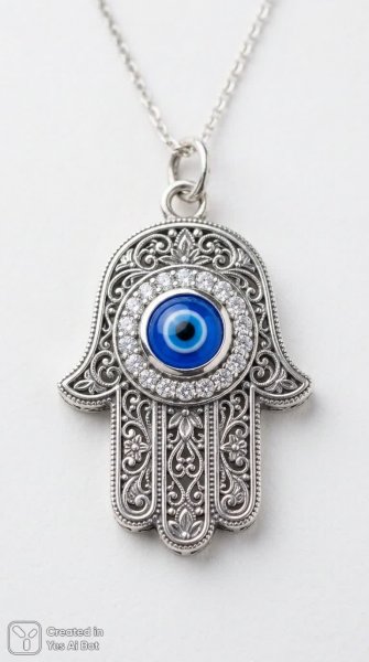 Серебряная рука Хамса с голубым назаром: изящные детали и высокое качество. Генерация из нейросети Nano-Banana