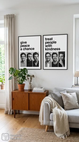 Минималистичные постеры с типографикой и коллажем портретов в современном интерьере. Изображение из нейросети Nano-Banana