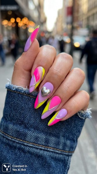 Неоновый поп-арт: Стильные геометрические ногти с серебром и сердечком. Генерация из нейронной сети NanoBanana