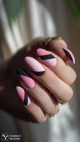 Элегантный дизайн ногтей: розово-черная геометрия с глиттером. Нейронная сеть Midjourney