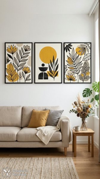 Современная абстракция: графичные цветы и спокойные тона в интерьере гостиной. Генерация из нейросети NanoBanana