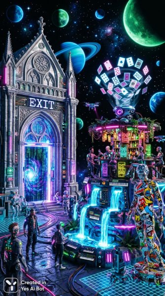 Космическая колоннада: сюрреалистичный бар и цифровые двери со словом выход. Изображение из нейросети Nano-Banana