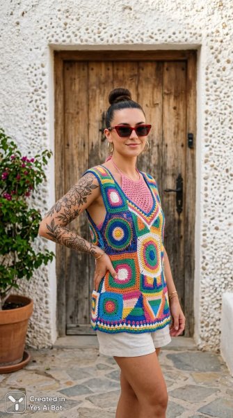 Яркий пляжный образ с вязаным купальником и необычным аксессуаром. Картинка из нейронной сети Nano Banana