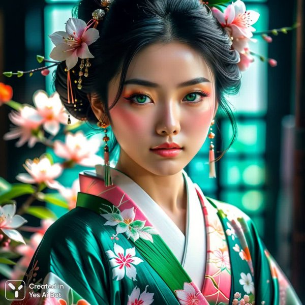 Весенний портрет японской красавицы в кимоно. Нейросеть Stable Diffusion