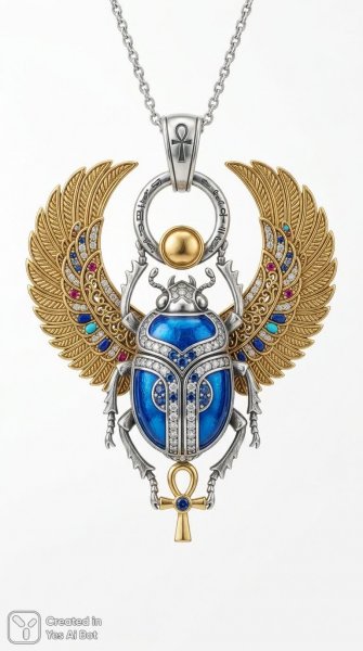 Египетский скарабей: серебро и золото с синими вставками. Картинка из нейросети Nano Banana