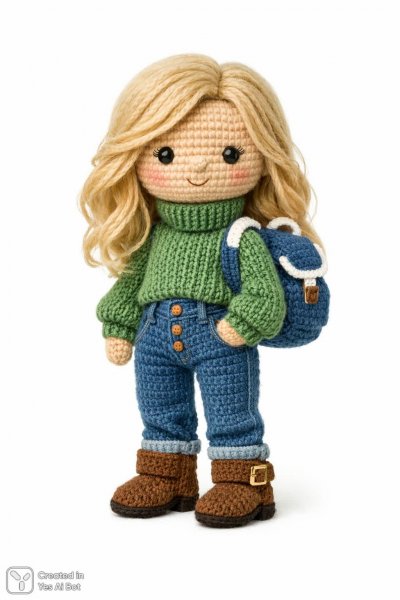Милая вязаная кукла в зеленом свитере и джинсах: уютный образ для вдохновения. Генерация из нейросети Sora Ai Images
