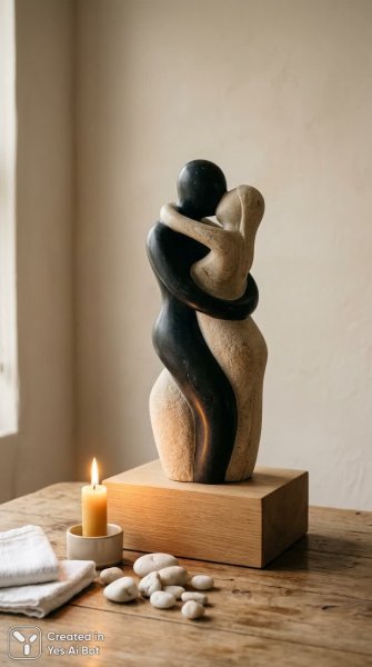 Изящная скульптура из камня: переплетение человеческих фигур в минималистичном стиле. Изображение из нейронной сети Nano-Banana