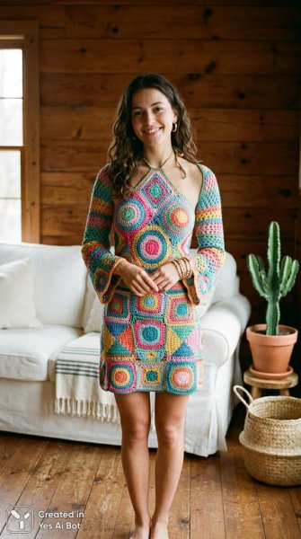 Яркое вязаное платье в стиле бохо и уютная атмосфера домашнего тепла. Изображение из нейросети Nano Banana