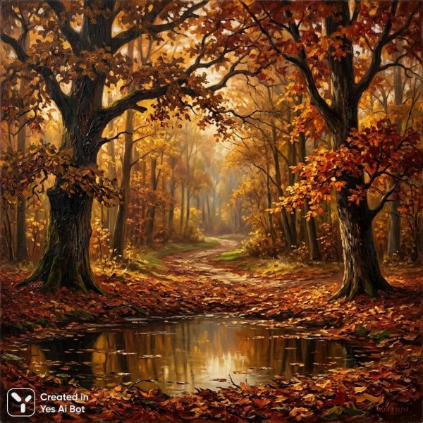 Осенний лес в золотом свете: живописная картина с прудом и тропой. Нейронная сеть Nano-Banana