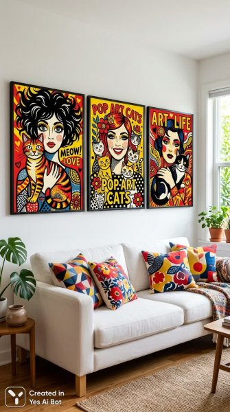 Яркий поп-арт: женщины, коты и стильный интерьер в трех панелях. Картинка из нейросети Nano-Banana