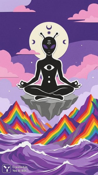 Медитирующий инопланетянин над горами в стиле глитчкор и целестиалпанк. Генерация из нейросети NanoBanana