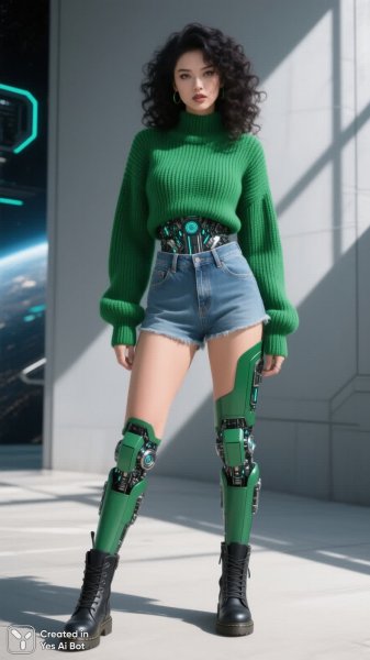 Яркий городской образ: дерзкая красотка в зеленом свитере и шортах. Генерация из нейросети Qwen Ai Images