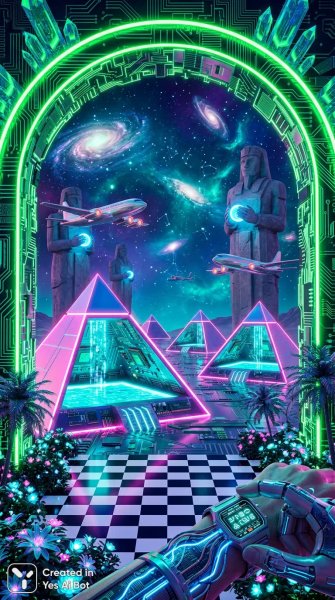 Неоновый портал в цифровой вавилон: эстетика ретрофутуризма и киберпространства. Генерация из нейросети NanoBanana