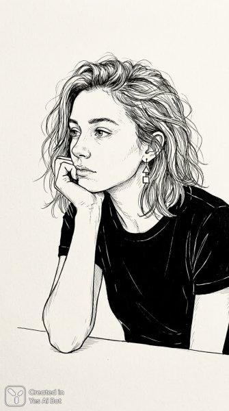 Молчаливый взгляд: минималистичный скетч молодой девушки в черном и белом. Генерация из нейронной сети Нано Банана