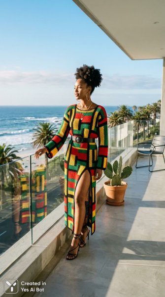 Яркая женщина на балконе: отдых у океана в экзотичном платье с этническим принтом и стильными аксессуарами. Картинка из нейронной сети Нано Банана