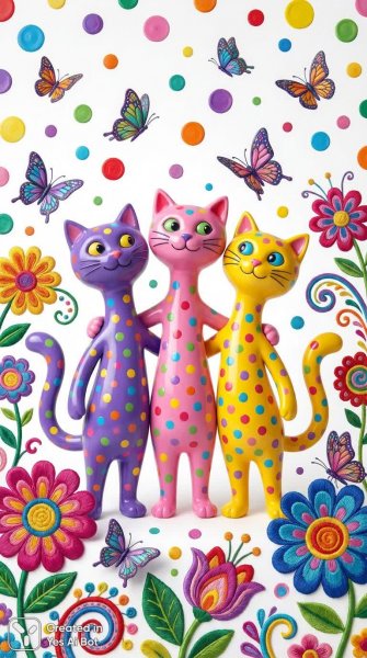 Весёлые коты в стиле наивного поп-арта: праздник цветов и бабочек. Изображение из нейронной сети Nano-Banana