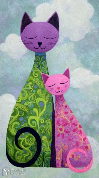 Забавные коты: фиолетовый гигант и розовый цветочек в сказочном небе. Изображение из нейронной сети Миджорни
