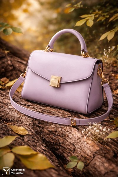 Стильный аксессуар: лиловая сумка на фоне натуральной коры и листвы. Картинка из нейронной сети Sora Images