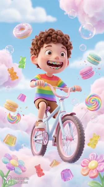Сладкая сказка: мальчик на велосипеде в волшебном мире конфет и радости. Картинка из нейронной сети Nano-Banana