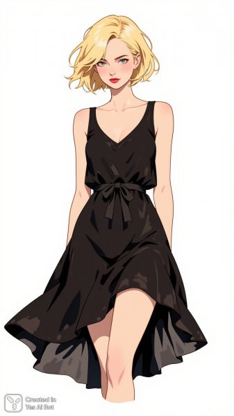 Элегантная блондинка в черном платье с асимметричным подолом и яркой помадой. Картинка из нейросети Flux.1