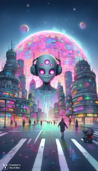 Необычный город внеземной цивилизации: танец в неоновом свете и пиксельная красота. Изображение из нейросети Dalle 3