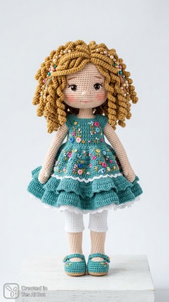 Кукла ручной работы с золотистыми локонами и цветочным трикотажем. Картинка из нейронной сети Nano Banana