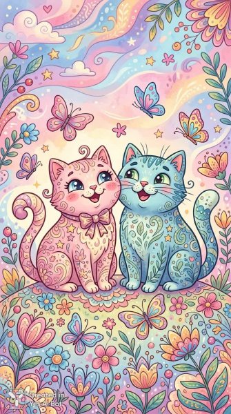 Игривые коты в пастельных тонах и волшебный мир цветов. Нейросеть NanoBanana