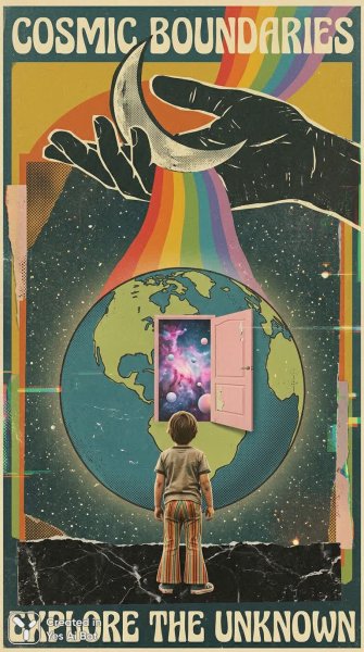 Нежная дверь в космос: детство, планеты и радужные потоки вселенной. Картинка из нейронной сети Nano Banana