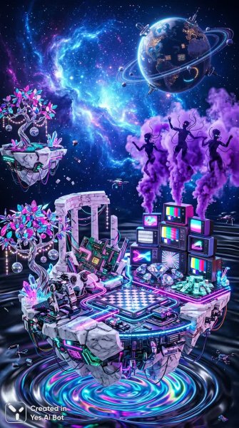Неоновый космос: фэнтезийный пейзаж и безумная роскошь будущего. Изображение из нейронной сети NanoBanana