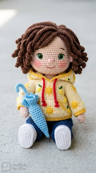 Милая вязаная кукла в солнечном худи и с зонтиком. Картинка из нейронной сети Нано Банана