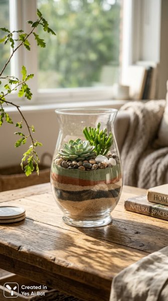 Нежная красота: композиция цветов и камней в уютном домашнем интерьере. Картинка из нейросети NanoBanana