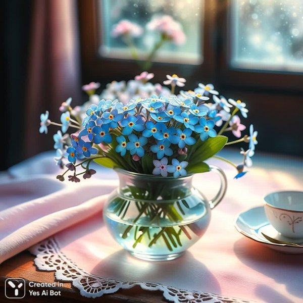 Нежные акварельные незабудки: солнечный натюрморт в хрустальной прозрачности. Генерация из нейронной сети Stable Diffusion