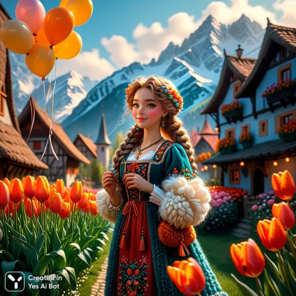 Нежная пушистая девочка в сказочном саду с тюльпанами и шариками. Изображение из нейросети Stable Diffusion