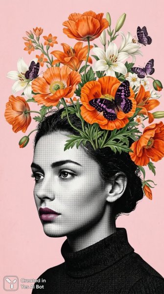 Портрет в стиле сюрреализма: цветы, бабочки и нежная пастель на фоне черно-белого полутонов. Изображение из нейронной сети Nano-Banana