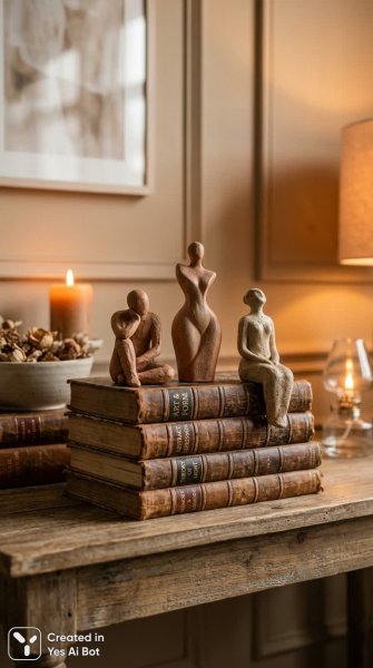 Изысканная композиция с миниатюрными статуэтками и винтажными книгами. Генерация из нейросети Nano Banana