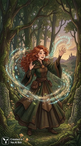 Рыжая колдунья в таинственном лесу: магия, приключения и очарование. Нейросеть Nano Banana
